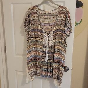 world unity boho pattern with lace tassel tie chest sides Women's Blouse SzXL